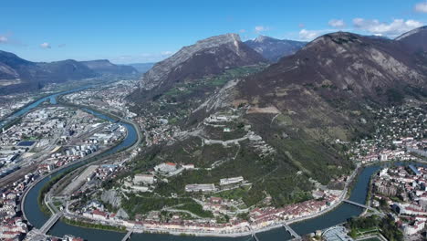 Bastille-fortress-on-mount-Rachais-Grenoble-drone-view-aerial-zoom-out
